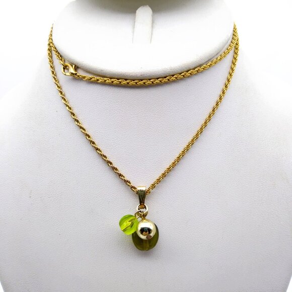 Vintage Green and Gold Charms Necklace, Long Gold Tone Rope Chain with Plastic a - Picture 1 of 3